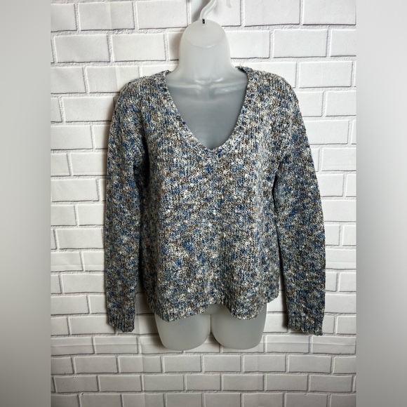 Forever 21 Womens Medium Knit Sweater Blue Grey Brown Long Sleeve V Neck - Picture 2 of 6